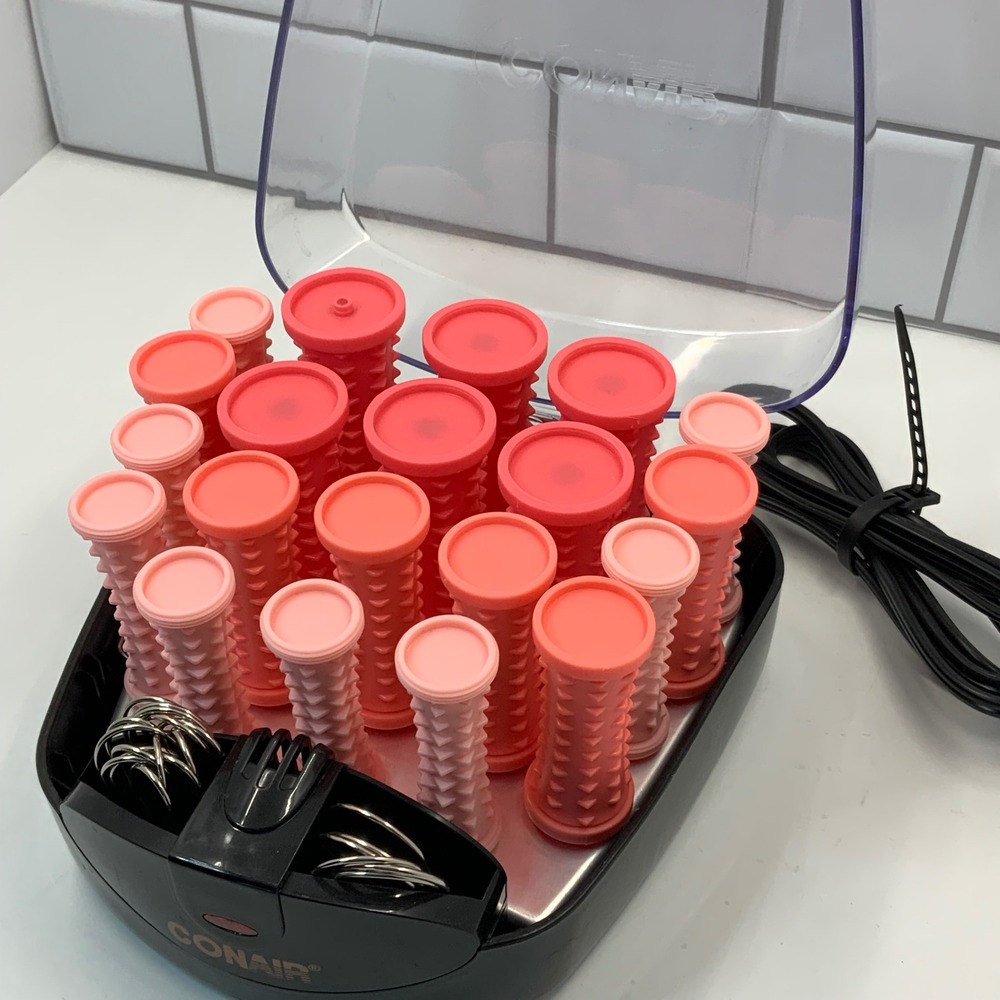Conair Instant Heat Hair Setter 20 Ribbed Rollers 3 Sizes Pink HS83R Clips Base - Picture 3 of 7